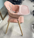 Baby High Chair, 6-in-1 Wooden Convertible High Chairs for Toddlers, Booster Seat with Double Tray & Reversible Footrest, 5-Point Harness, Pink