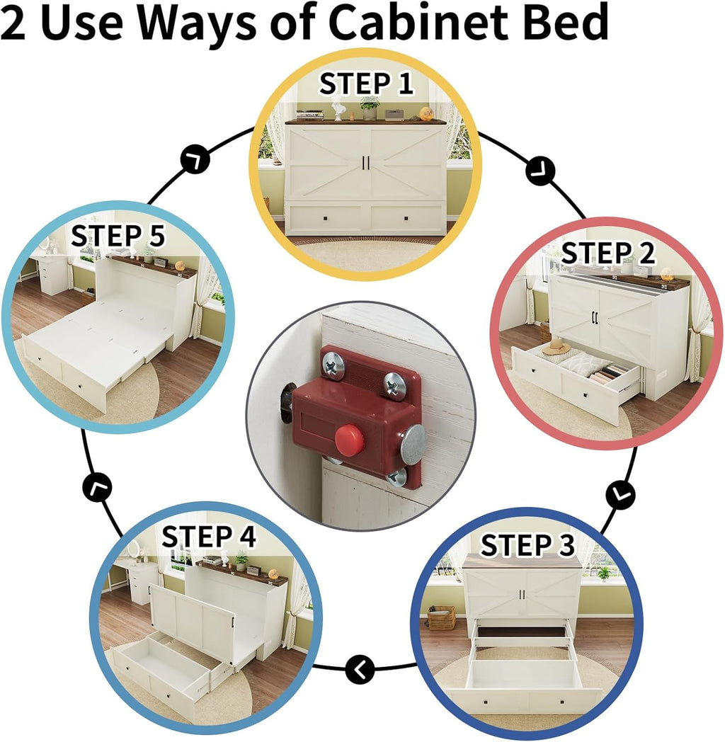 Murphy Bed with Charging Station, Queen Size Cabinet Bed with Large Storage Drawer for Home Office or Small Room, Hideaway Foldable Platform Bed, White