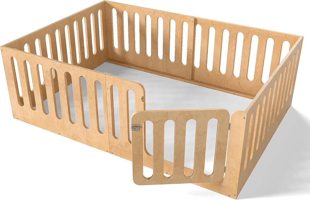 Bellemave Full Size Kids Montessori Floor Bed,Full Size Floor Bed Frame with High Fence and Door,Solid Wood Montessori Bed for Girls Boys,Natural