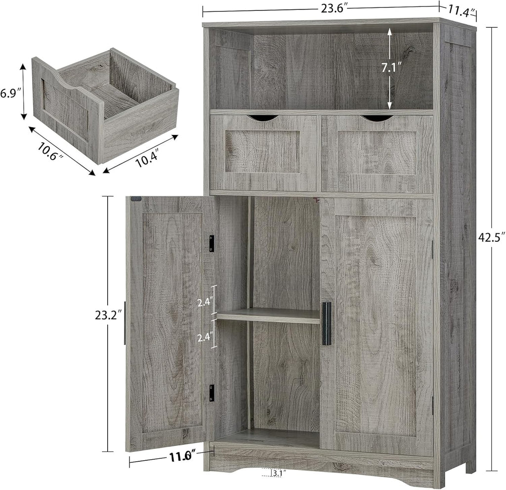 Iwell Storage Cabinet with 2 Drawers & 2 Adjustable Shelves, Kitchen Cabinet, Cupboard, for Living Room, Kitchen, Entryway, Home Office, Grey