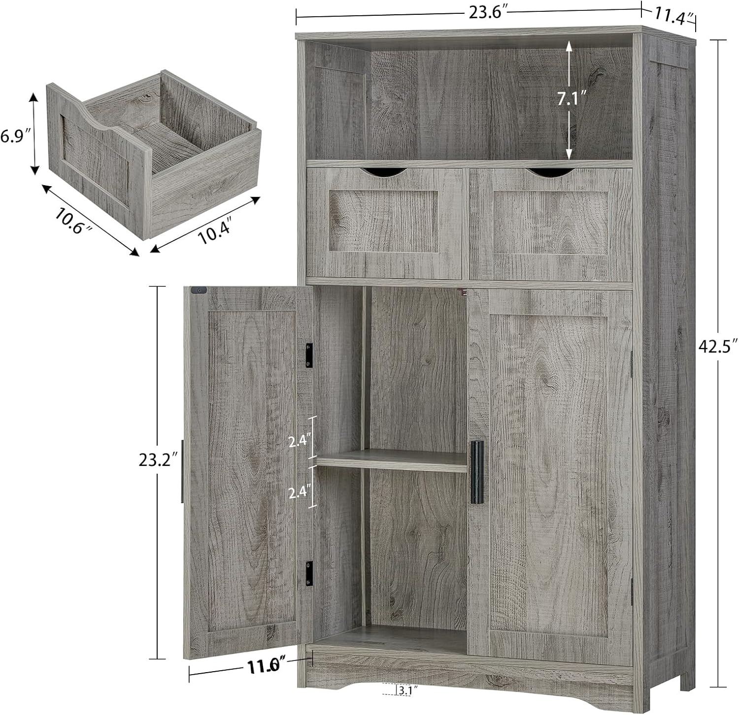 Iwell Storage Cabinet with 2 Drawers & 2 Adjustable Shelves, Kitchen Cabinet, Cupboard, for Living Room, Kitchen, Entryway, Home Office, Grey