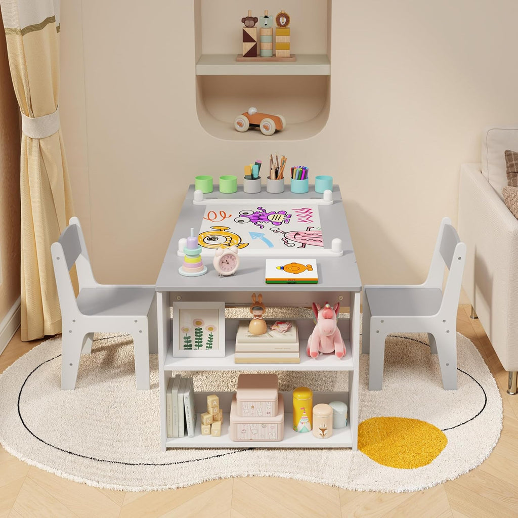 Gizoon Kids Art Table and Chairs with Removable Tabletop Storage,Toddler Craft Table and Chair Set for Drawing Studying Playing Wooden Kid Acitivity Table in Playroom Kids Room Living Room, Gray