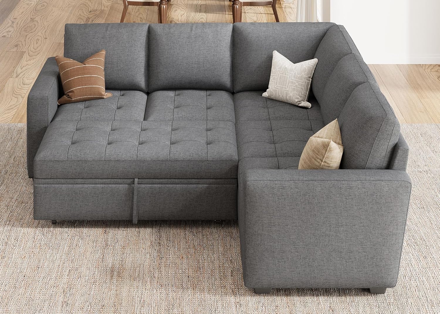 HONBAY Modular Sectional Sleeper Sofa with Pull Out Bed, Linen Convertible L Shaped Couch with Storage Seat, Sectional Couches for Living Room,Grey