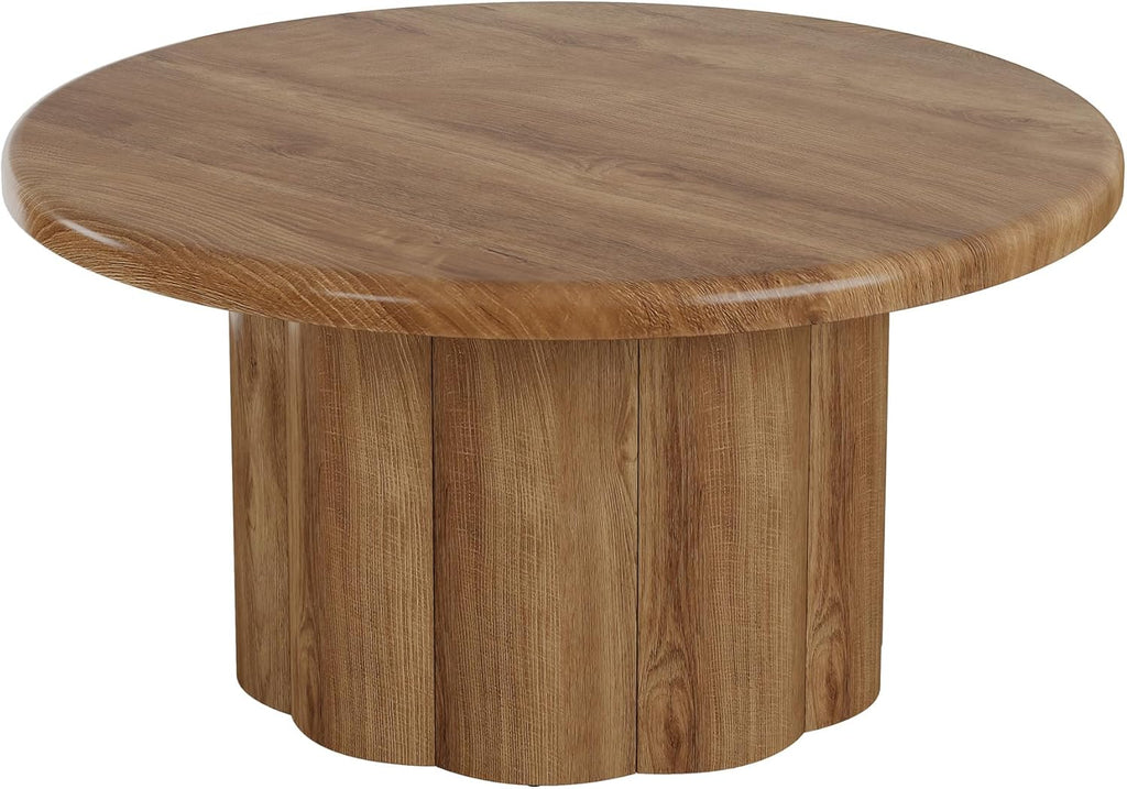 Tribesigns 31.5" Round Coffee Table for Living Room, Farmhouse Circle Center Cocktail Table with Fluted Drum Base, Wooden Living Room Furniture for Apartment, Small Space, Brown