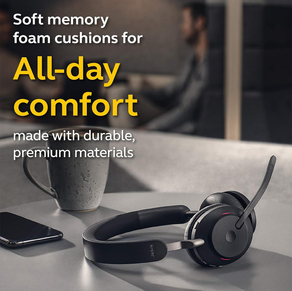 Jabra Evolve2 65 MS Wireless Headphones with Link380a  Stereo  Black – Wireless Bluetooth Headset for Calls and Music  37 Hours of Battery Life  Passive Noise Cancelling Headphones