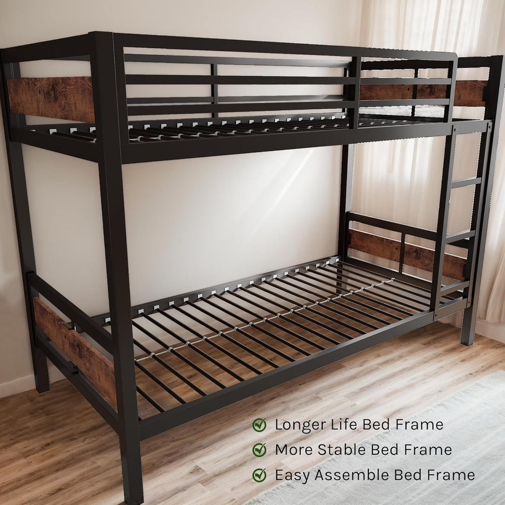 Bunk Bed Twin Over Twin, Heavy Duty Metal Bunkbeds with Full-Length Guardrail, Space-Saving Steel Bed for Kids & Adults, No Box Spring Required, Rustic Brown