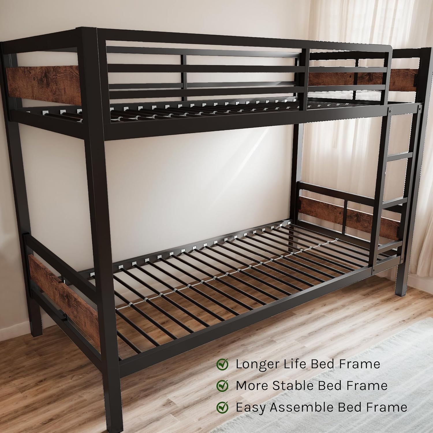 Bunk Bed Twin Over Twin, Heavy Duty Metal Bunkbeds with Full-Length Guardrail, Space-Saving Steel Bed for Kids & Adults, No Box Spring Required, Rustic Brown