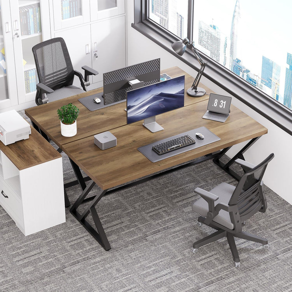 LVB Wood Computer Desk, Rustic Home Office Executive Desk for Bedroom, Industrial Wooden Computer Writing Study Work Gaming Table, Modern Metal PC Student Simple Desk with Storage, 55 Inch, Rustic Oak