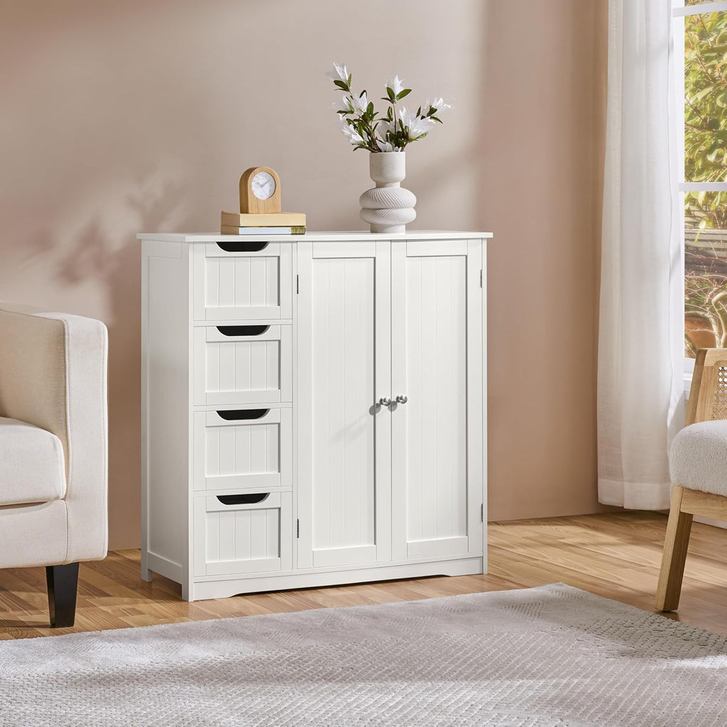 Yaheetech Wooden Bathroom Floor Cabinet, Side Storage Organizer Cabinet with 4 Drawers & Double Doors, Freestanding Entryway Storage Unit Console Table, Bathroom Furniture Home Decor, White
