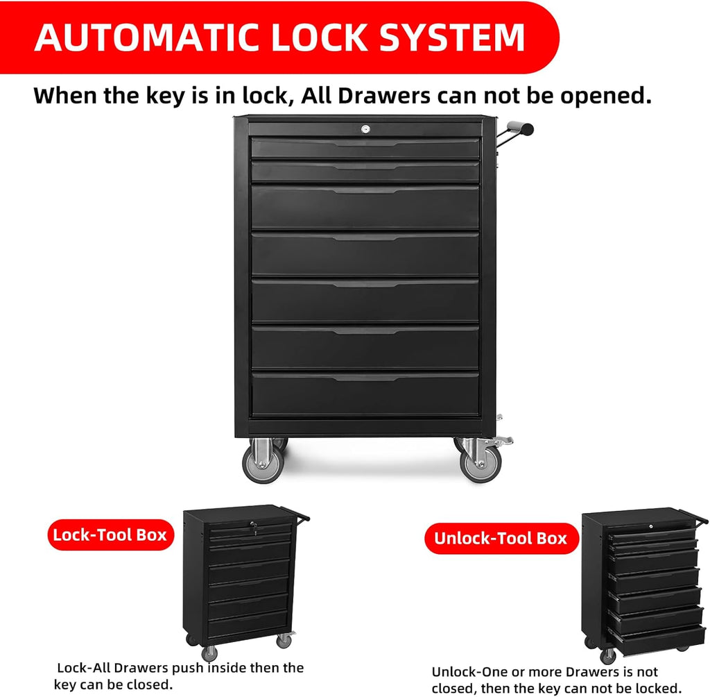 7-Drawer Rolling Tool Chest Cabinet, Large Capacity Metal Tool Box with Wheels and Keyed Locking, Roll Around Storage Organizer Tool Cart for Garage, Warehouse, Work Shop (Black)