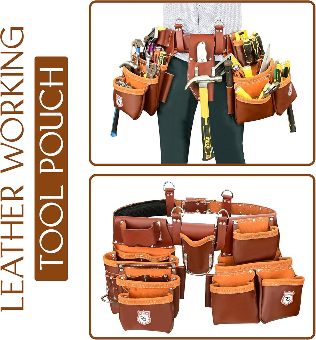 Leather Tool Belt with Adjustable Hook - Premium Heavy Duty Tool Belts for Men with 22 Multi-Purpose Pocket Tool Pouch (Maroon, Standard), RG-004
