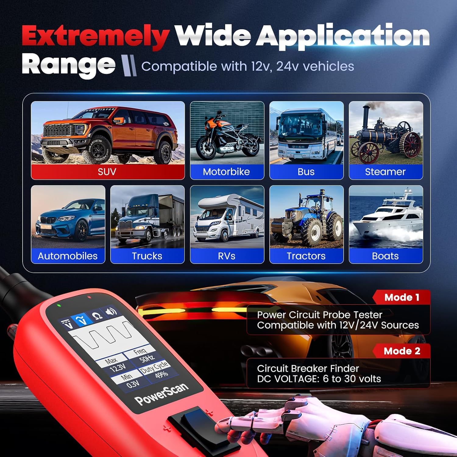 Autel PowerScan Automotive Circuit Tester, Power Circuit Probe Tool, 12-24V Electrical Short Open Breaker Circuit Finder, AC/DC Current Resistance, Duty Cycle, & 20FT Extension Cord, for 99% Cars