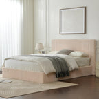 YUHUASHI Queen Size Storage Bed Frame, Vertical Striped headboard with Delicate Velvet Fabric, Hydraulic Lift for Storage, no Box Spring Needed, no Noise (Beige, Queen (U.S. Standard))