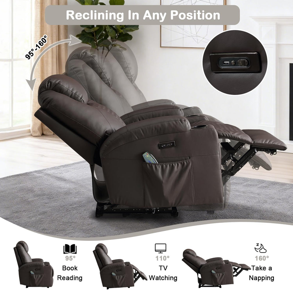 Power Recliner Chair with Heat and Massage for Adults - Home Theater Seating with LED Lights,Cup Holders,Side Pocket,USB Port - Recliner Sofa for Living Room (Brown, Single Recliner)