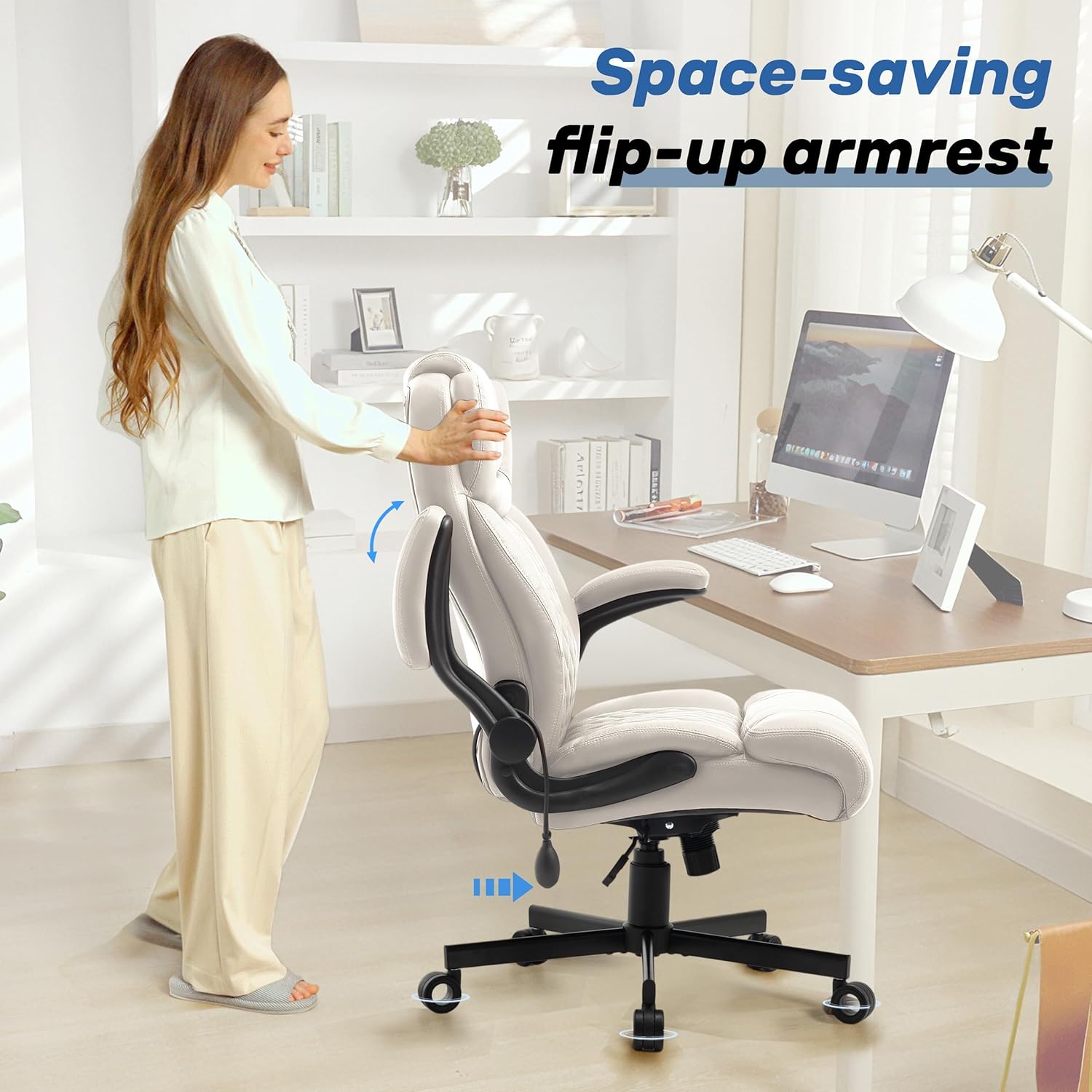 550LBS Big and Tall Office Chair, Comfy Heavy Duty Executive Chair with Adjustable Lumbar Support Double Spaces Casters, PU Extra Wide Seat Ergonomic Computer Desk Chair for Back Pain, BEIGEWHITE
