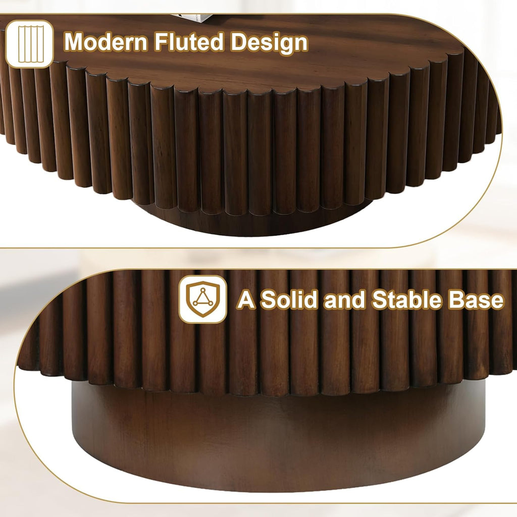 Rovibek Fluted Round Coffee Table, 31.5" Modern Wooden Coffee Table with Fluted Base, Circle Accent Center Table for Living Room Apartment Office Small Space, Easy Assembly (Walnut)