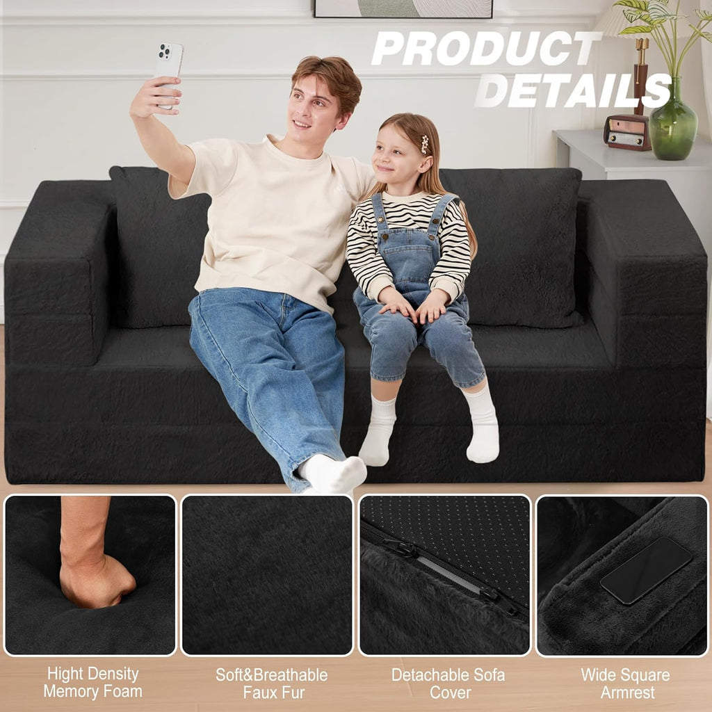 Futon Sofa Bed with Pillow, 3-in-1 Sleeper Sofa Bed with Removable Cover, Convertible Floor Sofa Bed, No Assembly Boneless Couch for Living Room, Bedroom