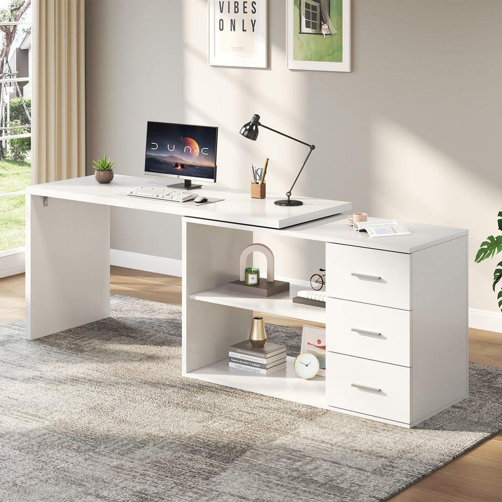 HSH White L Shaped Desk with Drawers Shelves, 360 Rotating Office Computer Desk with Storage Cabinet, Corner Home Office Desk Computer Table .55 Inch