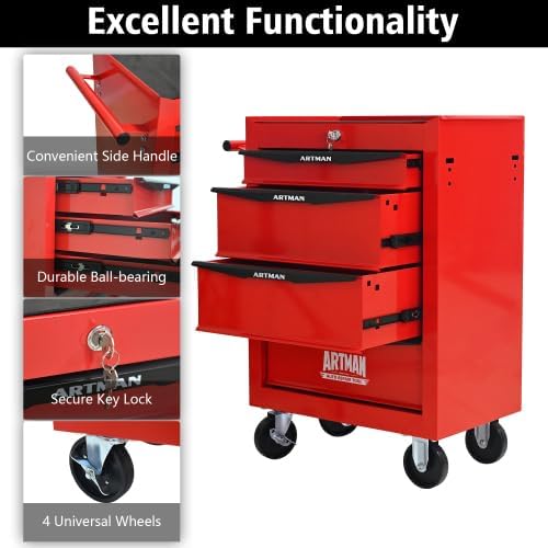 Rolling Metal Tool Chest with 4 Drawers, 20" 4-Drawer Tool Chest Cabinet with Ball Bearing Drawer Slides, Steel Tool Storage Box Organizer -Red