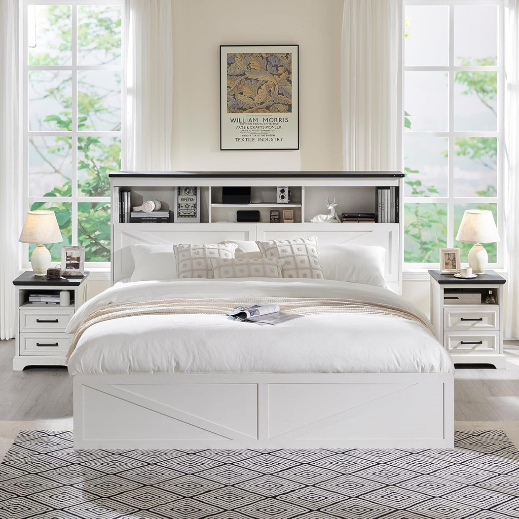 ACCOHOHO King Bed Frame Farmhouse with 52" Storage Bookcase Headboard, 4 Drawers Wooden Bed Frame, LED Light, Charging Station - White