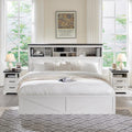 ACCOHOHO King Bed Frame Farmhouse with 52" Storage Bookcase Headboard, 4 Drawers Wooden Bed Frame, LED Light, Charging Station - White