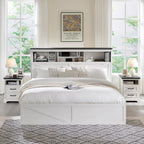 ACCOHOHO King Bed Frame Farmhouse with 52" Storage Bookcase Headboard, 4 Drawers Wooden Bed Frame, LED Light, Charging Station - White