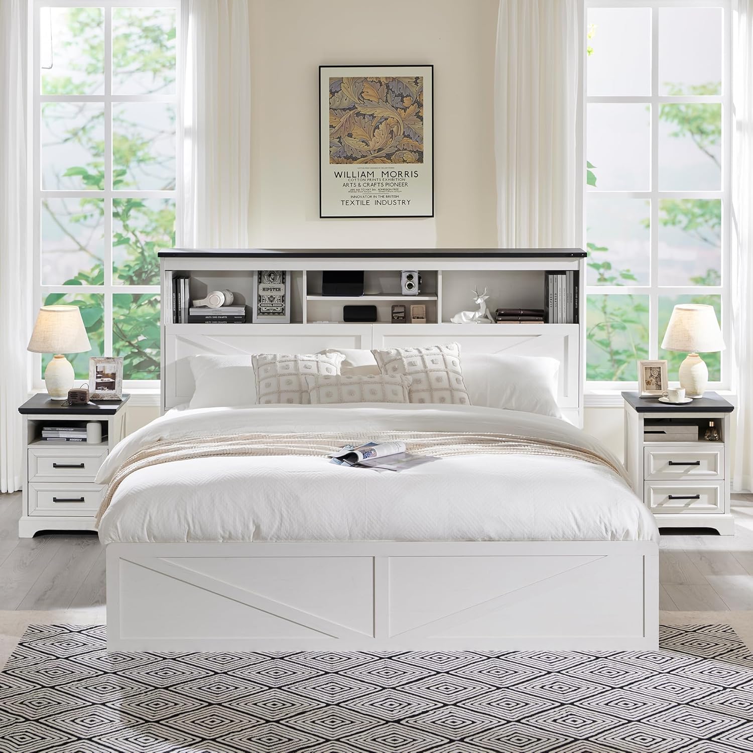 ACCOHOHO King Bed Frame Farmhouse with 52" Storage Bookcase Headboard, 4 Drawers Wooden Bed Frame, LED Light, Charging Station - White