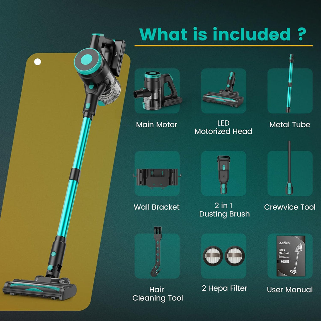 Zefiro 350W Cordless Vacuum Cleaner,45Mins Runtime Vacuum Cleaners for Home, Anti-Tangle and 1.5L Dust Cup, Lightweight Vacuum for Hardwood Floor Carpet Pet Hair (Green)