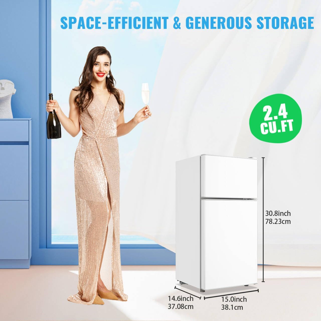 DEMULLER 2.4 Cu.ft White Mini Fridge with Top Freezer Dorm Refrigerator with 7 Adjustable Temperature Control & Ajustable Feet, Small Fridge Ideal for One Person Use Apt Kitchen Office