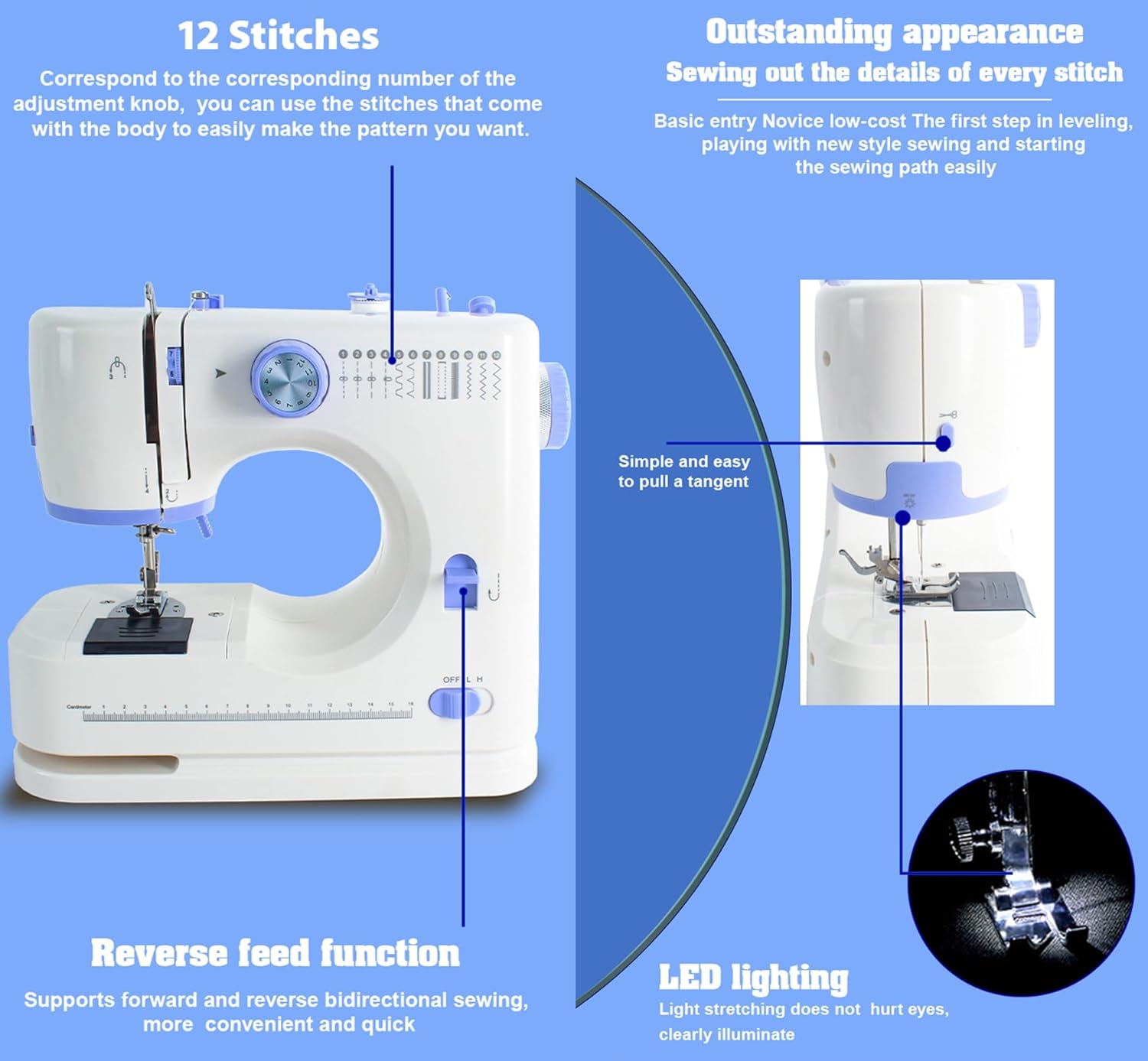 Sewing Machine for Beginners with 42 Pcs Sewing Kit, Sewing machine with 12 Built-in Stitches, High-Low Speeds Small Sewing machine LED lights