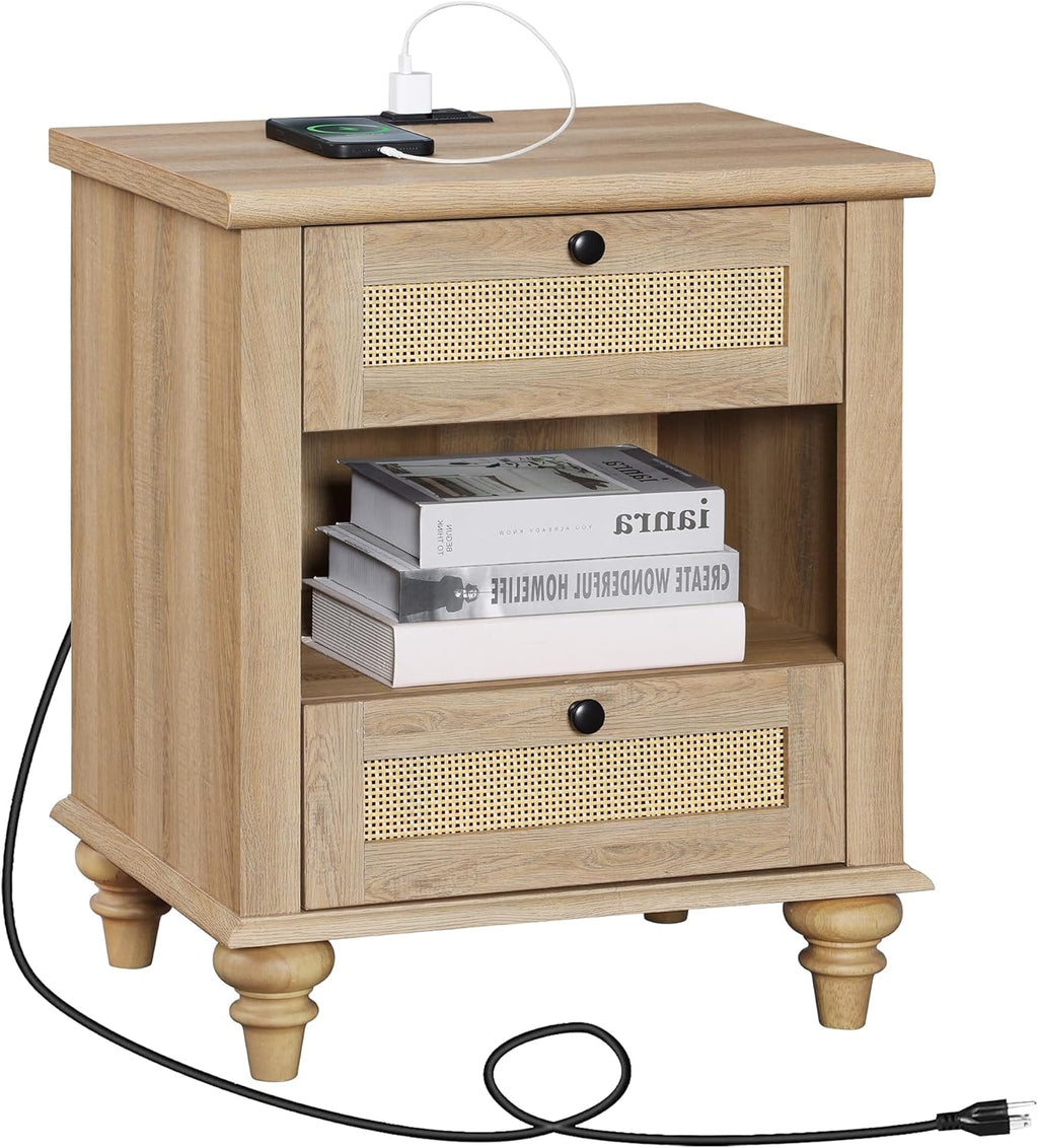 WAMPAT Rattan End Table with Charging Station for Living, Small Sofa Side Table with 2 Drawers & Open Shelf, Farmhouse Wooden Night Stand Retro Bedside Table for Living Room, Light Oak