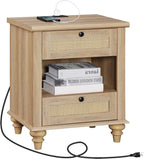 WAMPAT Rattan End Table with Charging Station for Living, Small Sofa Side Table with 2 Drawers & Open Shelf, Farmhouse Wooden Night Stand Retro Bedside Table for Living Room, Light Oak