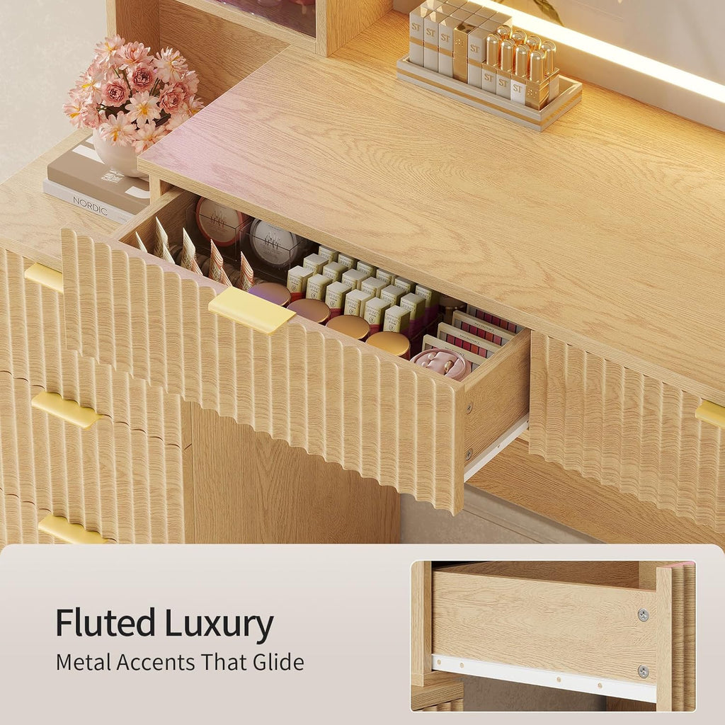 Big Vanity, Fluted Wood Makeup Vanity Desk with Mirror and Sound Sync LED Lights, Large Vanity Dressing Table, 8 Drawers, Charging Station for Girls, Women (Oak, 59.1" Width)