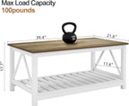 Farmhouse Coffee Table for Living Room, 2-Tier Rectangular Wooden Centre Cocktail Table with Slats Shelf Storage and V-Shaped Frame (Walnut Top)