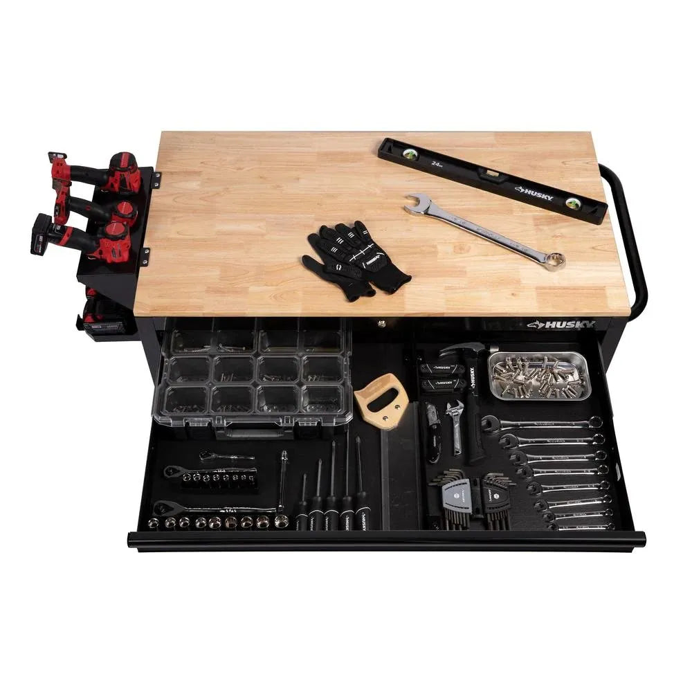 46-in W x 24.5-in D 9-Drawer Mobile Workbench with Hardwood Top and Power Station  Gloss Black