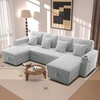 124" Sectional Sleeper Sofa with Pull Out Bed, Comfy Fluffy Plush Corduroy Cloud Sectional Couches for Living Room, U Shaped Modular Couch with Storage Chaise, Cup Holder & USB Charger, Grey