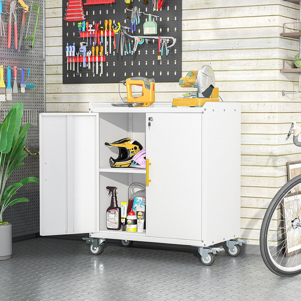Metal Garage Storage Cabinet with Wheels, Tall Locking Cabinet with Doors and Shelves, Tool Storage Cabinets for Garage, Home Office (White,35.6" H)