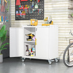Metal Garage Storage Cabinet with Wheels, Tall Locking Cabinet with Doors and Shelves, Tool Storage Cabinets for Garage, Home Office (White,35.6" H)