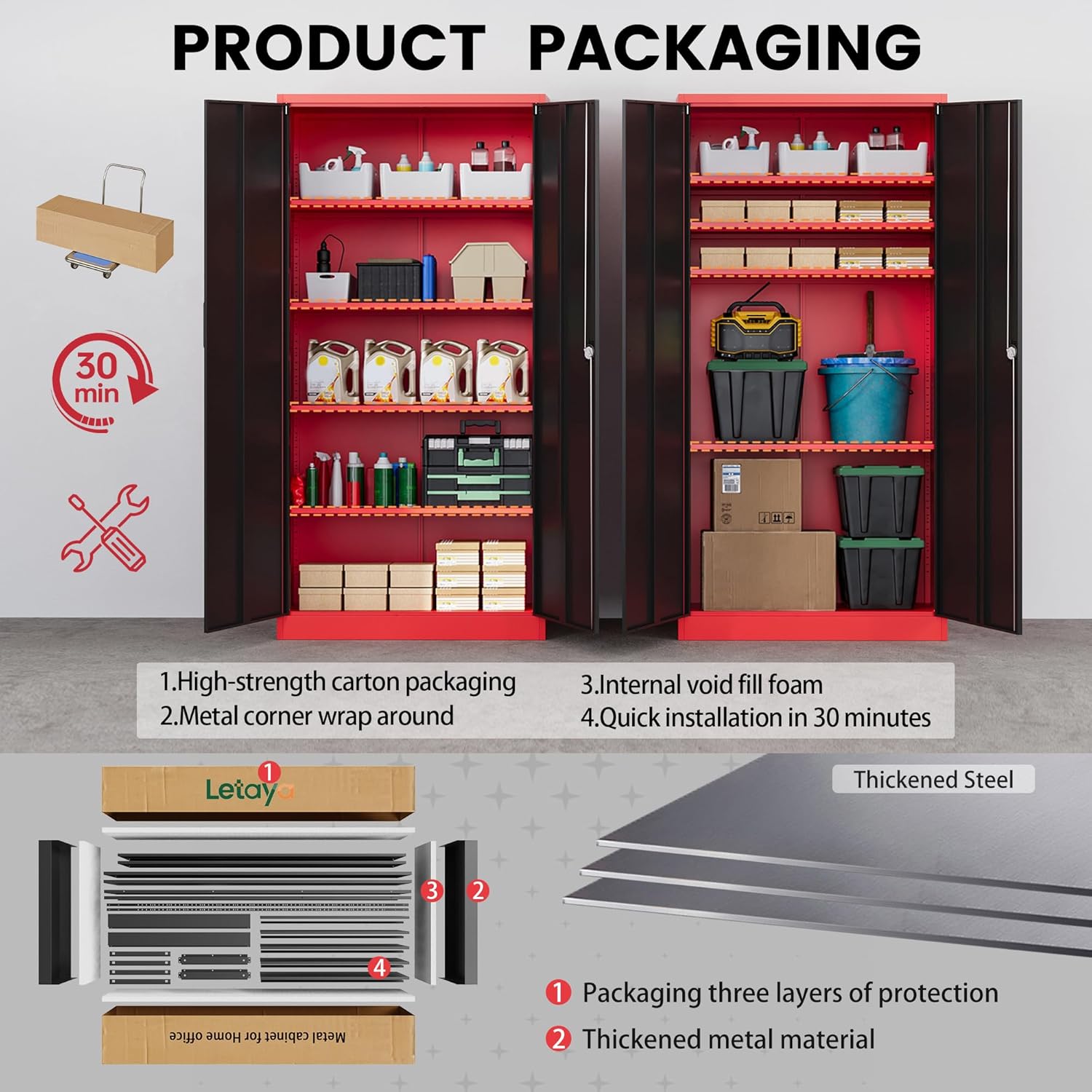 Letaya Metal Storage Cabinets with Lock, 72" Tall Locker Organizer Steel Cabinets, Adjustable Layers Shelves 2 Doors for Home, Office, Warehouse,Garage(Black Red)