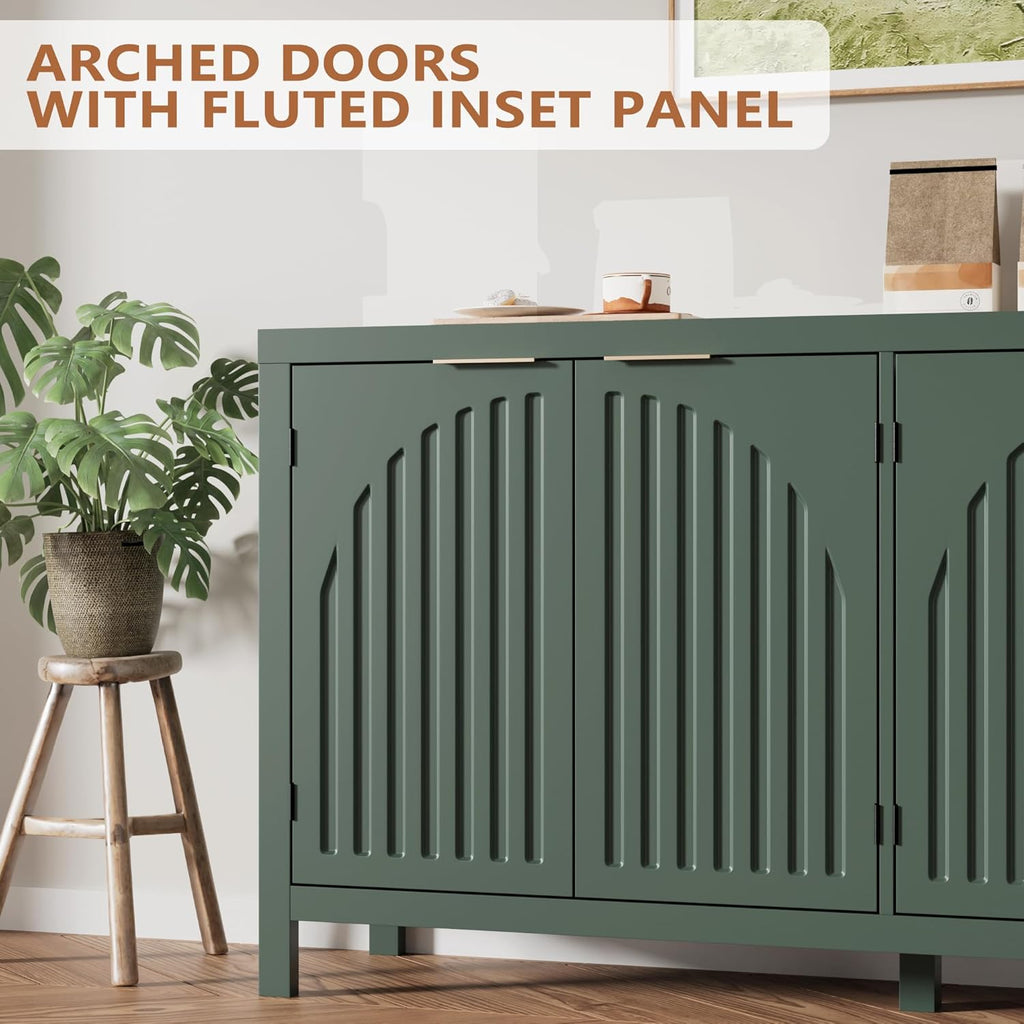 Fluted Sideboard Buffet Cabinet with Storage, 58" Mid Century Modern Accent Cabinet with Arch Doors, Large Wood Media TV Console Table Credenza for Dining Room, Kitchen, Living Room Entryway, Green