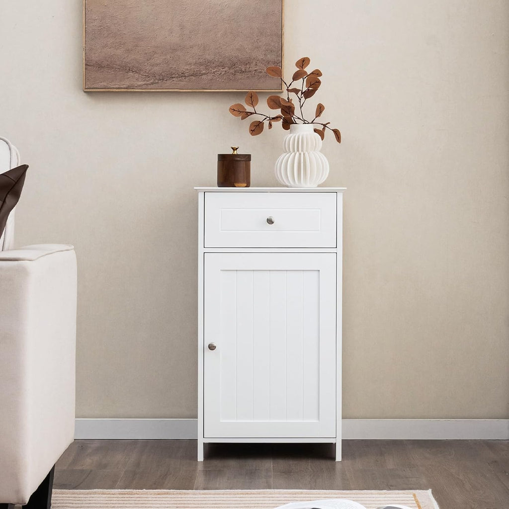 Giantex Floor Bathroom Storage Cabinet - Freestanding Cabinet with Drawer, Door, Adjustable Shelf, Anti-Tipping Device, Storage Organizer for Sofa Side, Bathroom, Living Room, Bedroom, White (White)