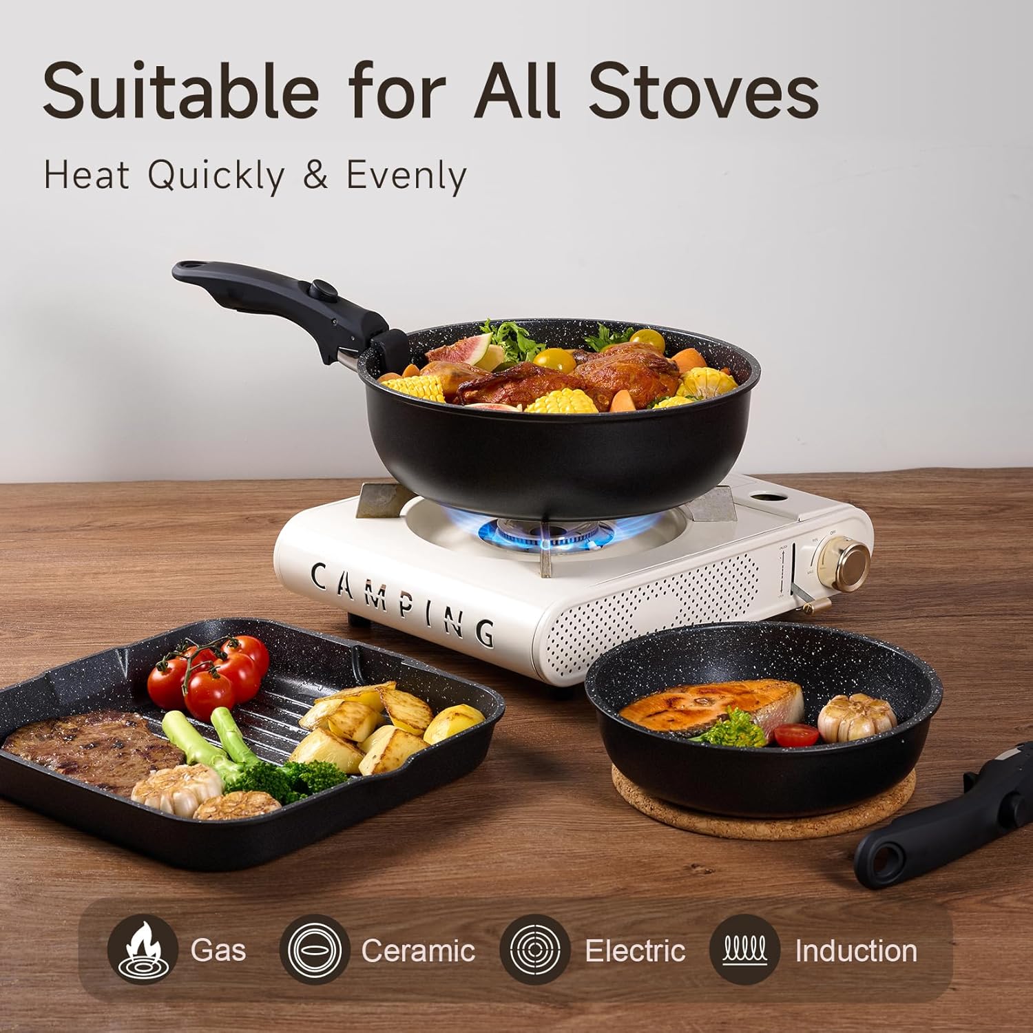 JEETEE Cookware Set (6 Essential Pots & 19 Accessories), Nonstick Pots and Pans with Detachable Handle for Induction Cooking, RV Kitchen Space Saving, PFAS Free, Black