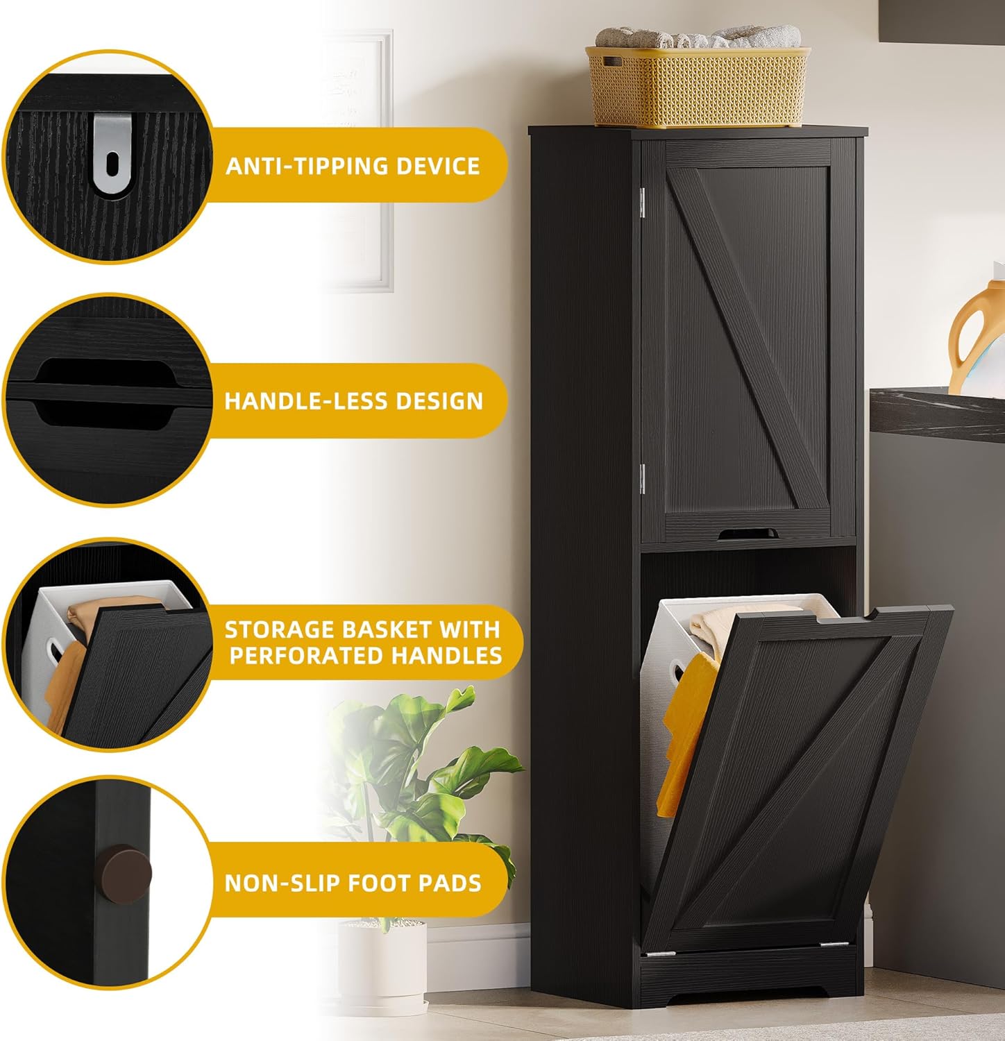 DWVO Tilt Out Laundry Hamper - 53" Tall Bathroom Storage Cabinet Laundry Cabinet with Adjustable Shelves and Clothes Basket, Laundry Hamper Shelf for Laundry Room Bathroom Organizer, Black