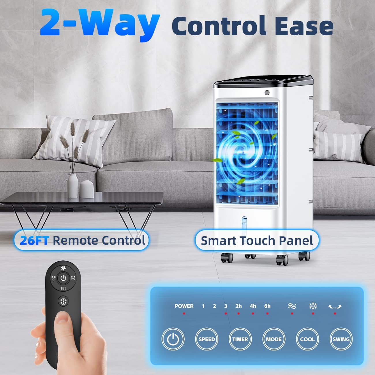 Windowless Portable Air Conditioners w/Dual Tank for 24H Cooling 600Sq.ft, 6 Ice Packs, 4 Modes&3 Speeds Swamp Cooler, 12H Timer 26Ft Remote, 120°Swing Evaporative Air Cooler for Room Bedroom