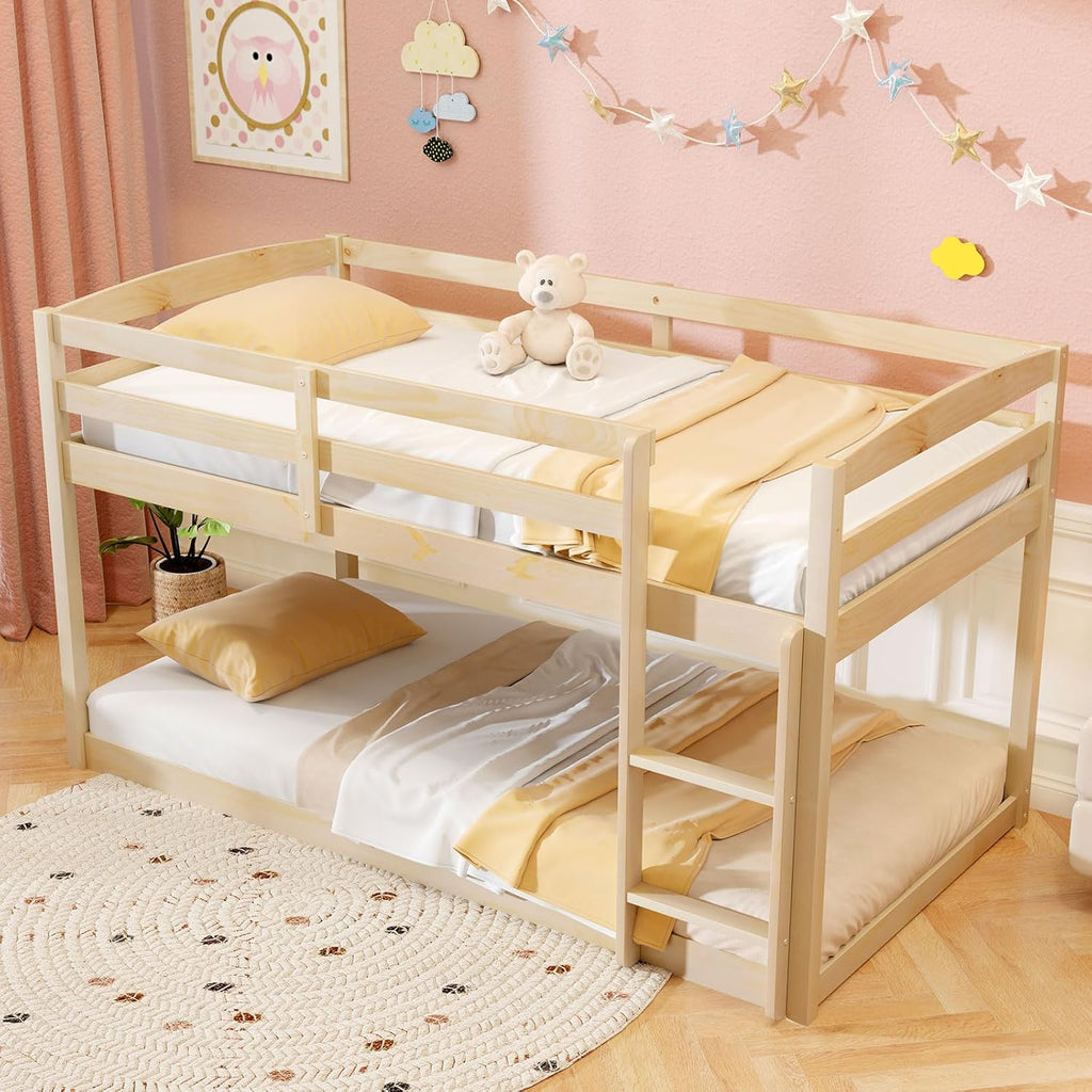 Giantex Twin Low Bunk Bed, Solid Wood Twin Over Twin Bunk Bed Frame with Full Guardrails & Integrated Ladder, Floor Twin Bunk Beds for Kids Boys and Girls, No Box Spring Needed, Natural