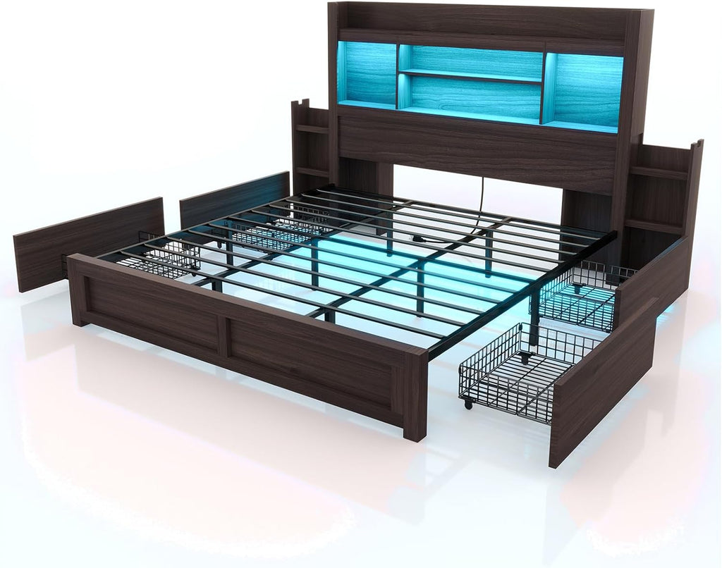 King Bed Frame with 49.6" Bookcase Headboard & 2 Bedside Stoage Racks & 4 Drawers, Farmhouse Wood Bed Frame with RGB LED & Charging Station, No Box Spring Needed, Black