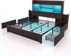 King Bed Frame with 49.6" Bookcase Headboard & 2 Bedside Stoage Racks & 4 Drawers, Farmhouse Wood Bed Frame with RGB LED & Charging Station, No Box Spring Needed, Black