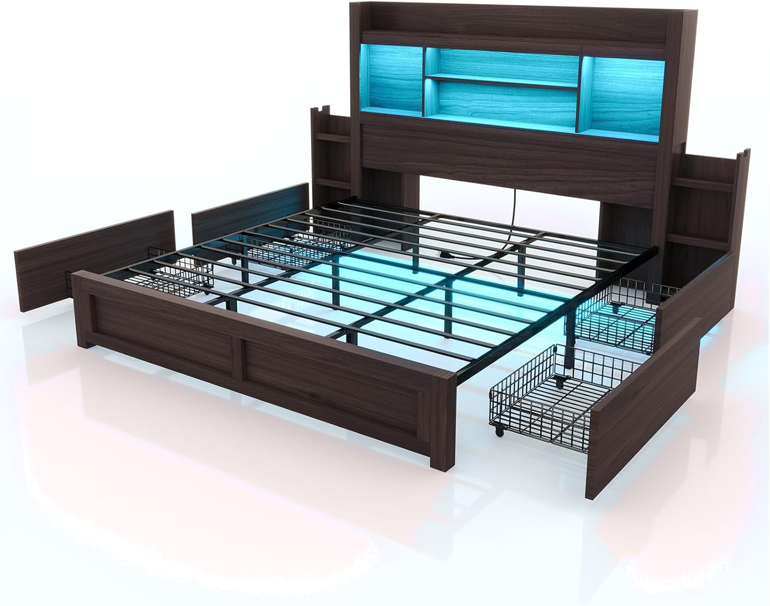 King Bed Frame with 49.6" Bookcase Headboard & 2 Bedside Stoage Racks & 4 Drawers, Farmhouse Wood Bed Frame with RGB LED & Charging Station, No Box Spring Needed, Black