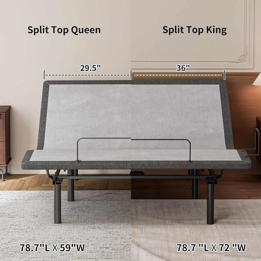 ESHINE Split Top King Adjustable Bed Frame with 14" Gel Memory Foam Mattress, Graphene Cover - Electric Upholstered Base, Massage Function, Wireless Remote, USB Ports, Under Bed Light, Grey