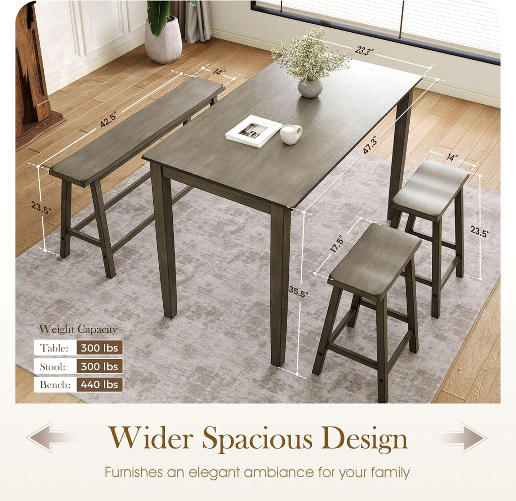 Sophia & William Dining Table Set for 4, Counter Height Table and Chairs, Kitchen Table Set with Bench and 2 Chairs, Small Breakfast Bar Dining Set, Smoky Brown